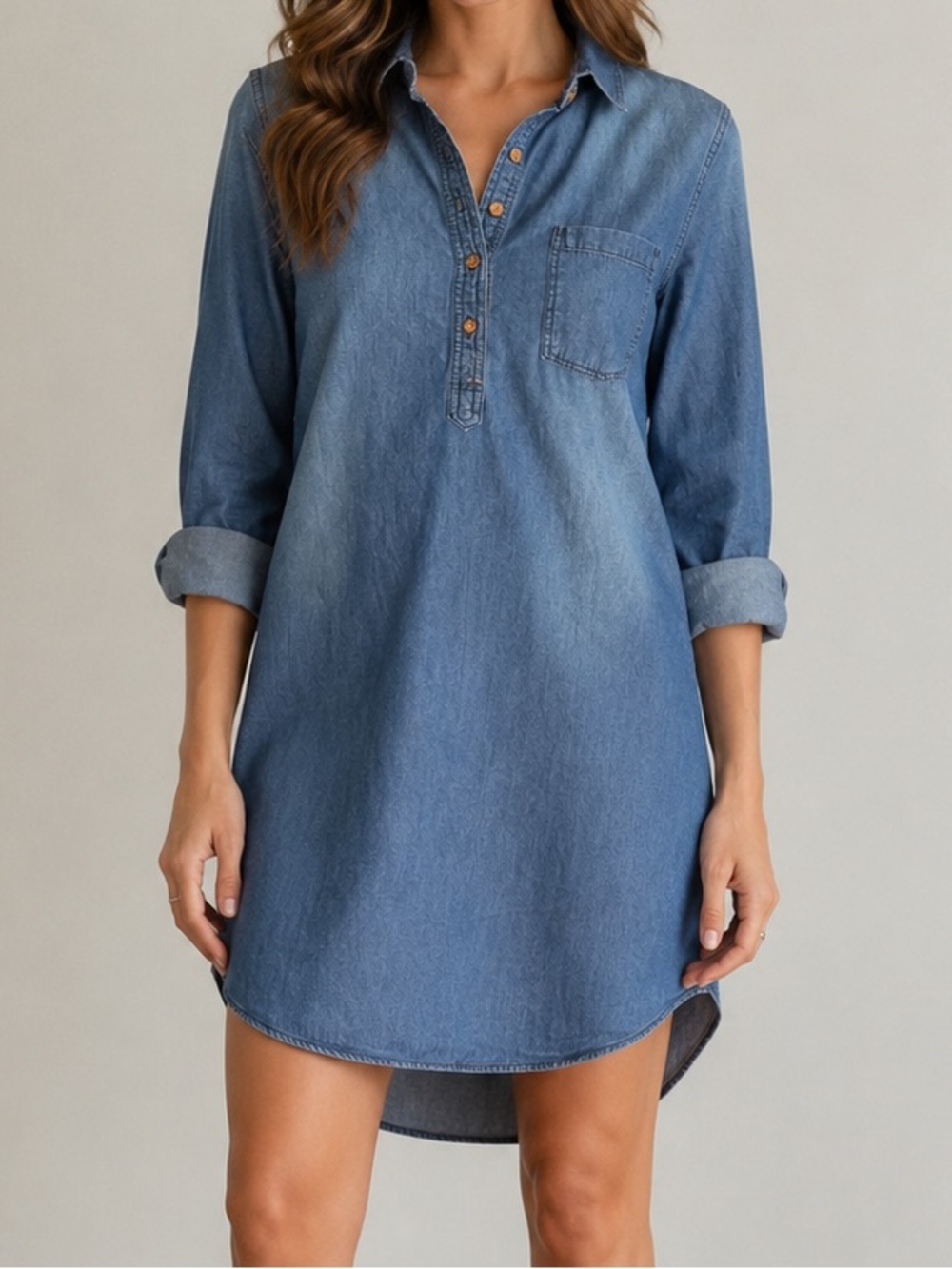 Ci Sono Chambray Denim Shirt Dress Large Blue Roll Tab Sleeve Tunic Dress